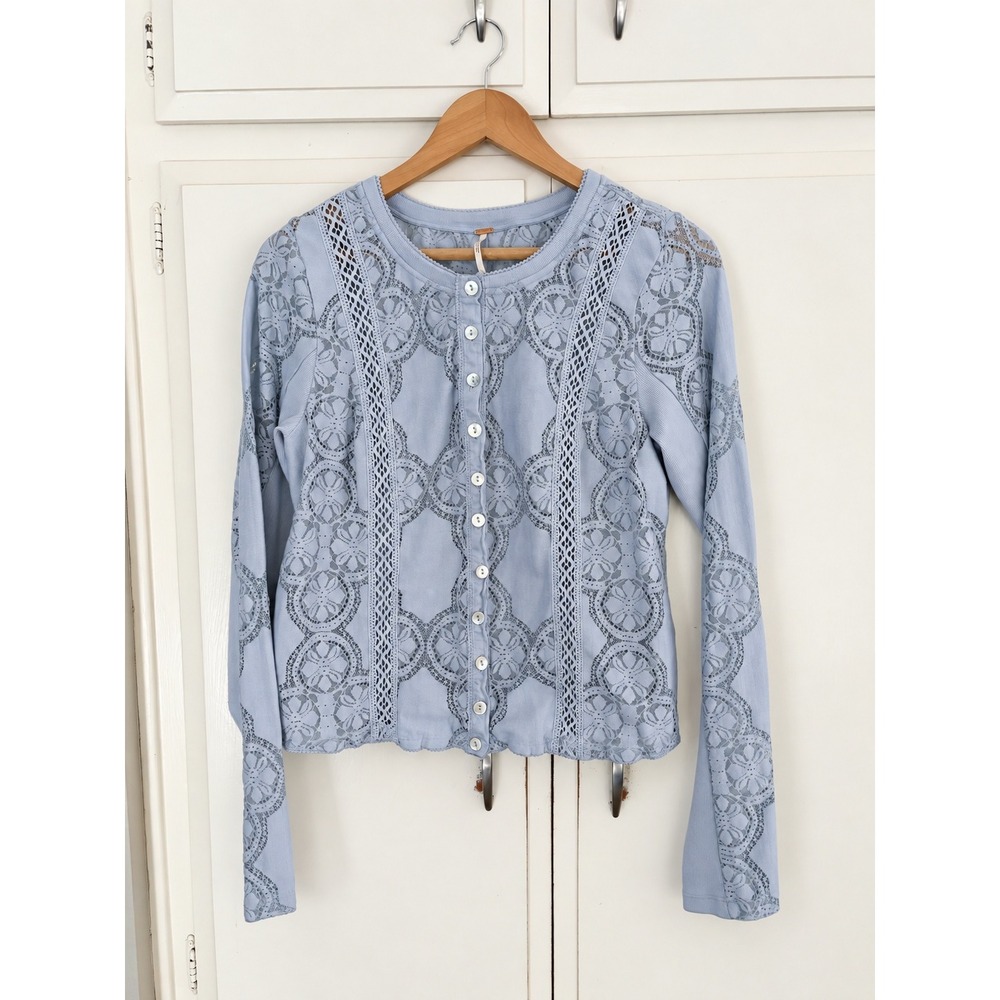 Free People Light Blue Floral Lace Crochet Button Front Cardigan Top Large